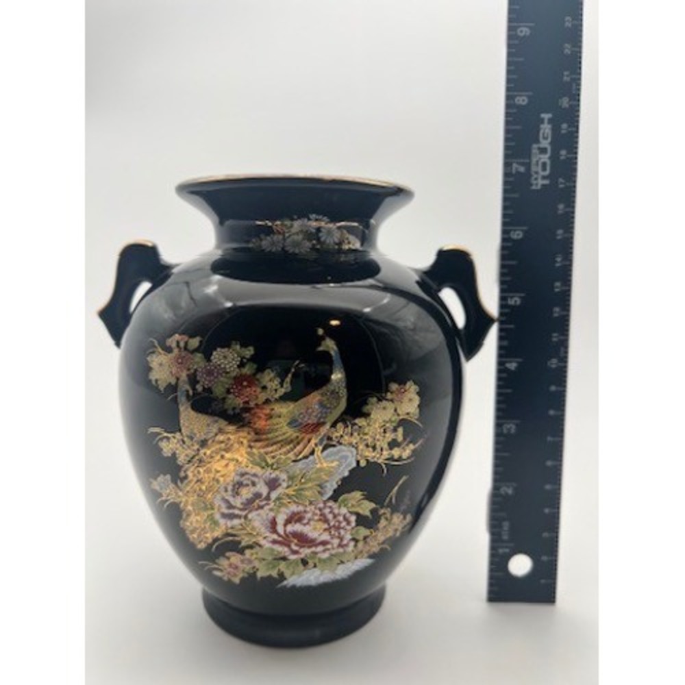 Vintage Japanese Black Porcelain Peacock Vase Gold Gilt Double Handle 6.25in